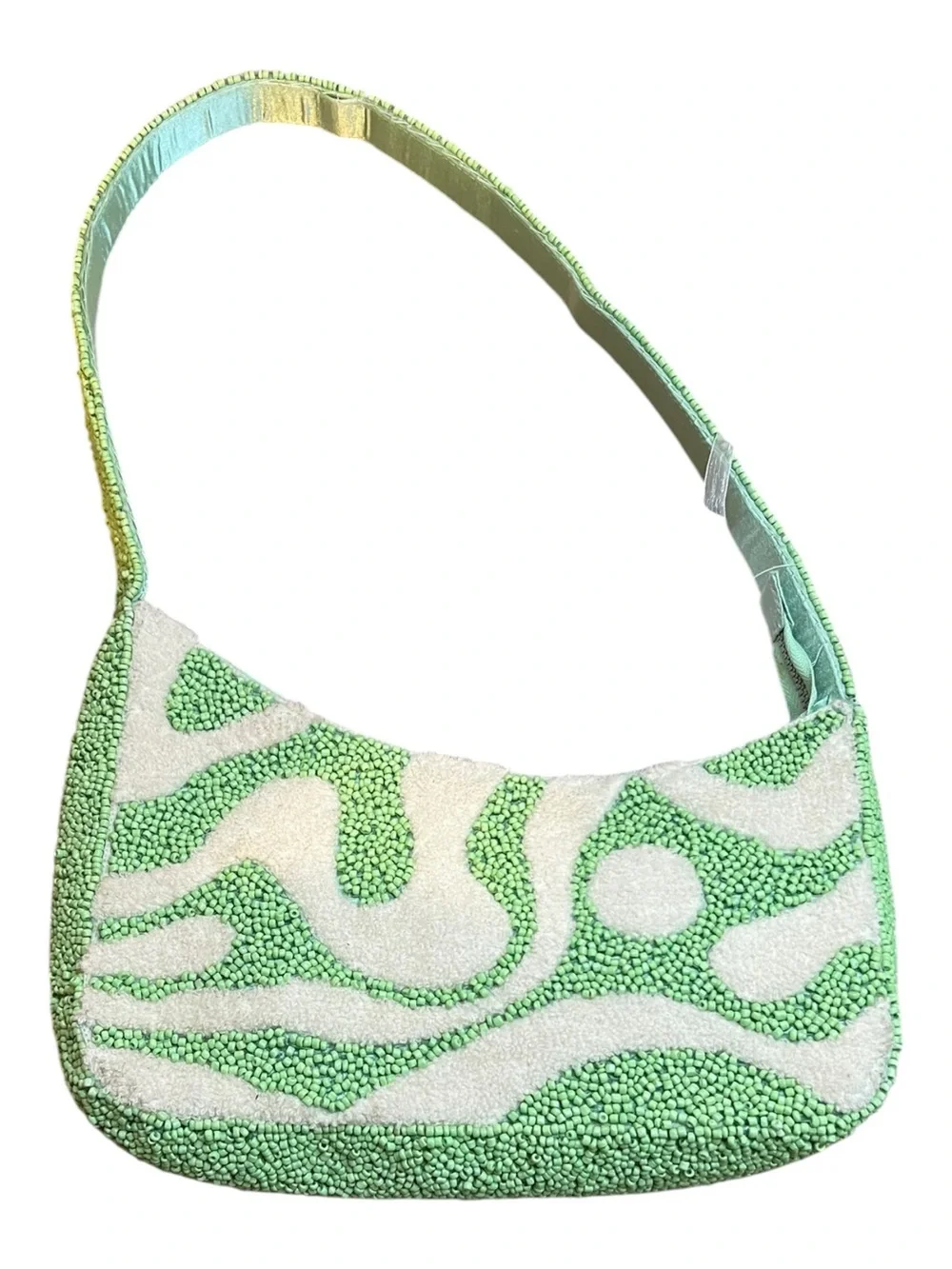 India Handcrafted Lime Green Beaded Shoulder Bag Abstract Swirl